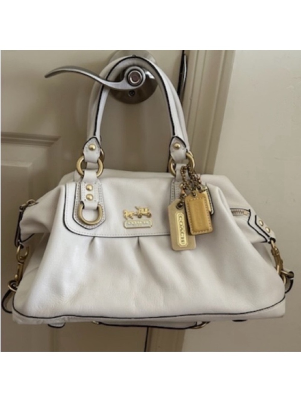 Coach White Leather Shoulder Satchel with Gold Accents